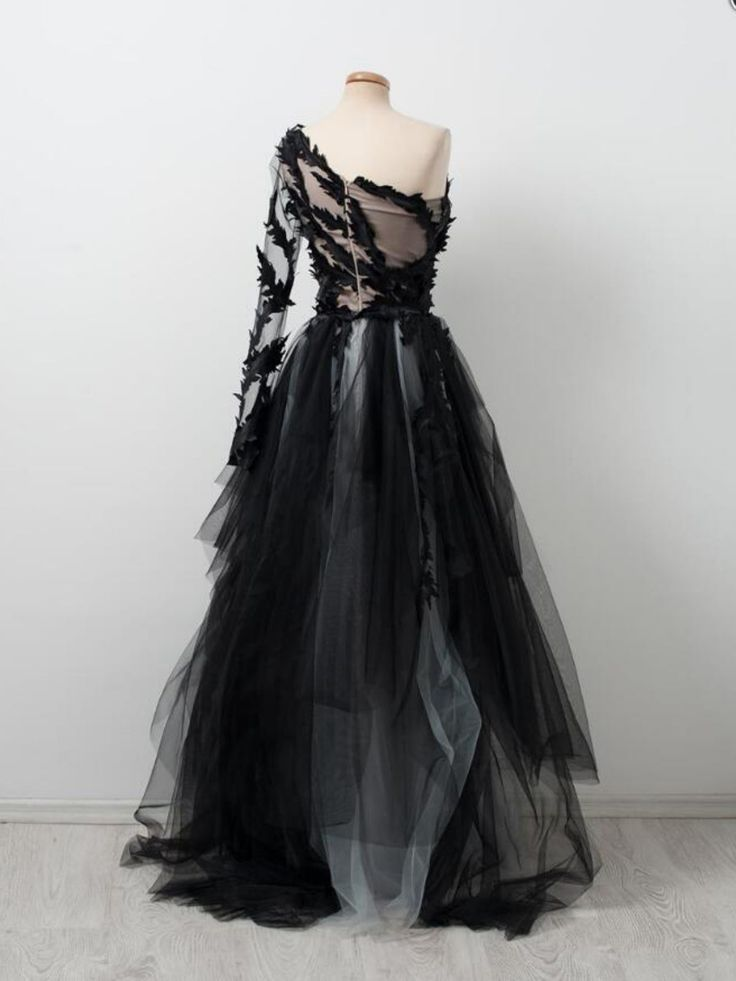 Black One Shoulder Tulle Long Prom Dress Evening Dress SH1040