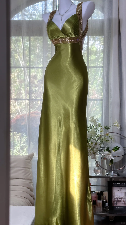 Vintage Olive Green V Neck Satin Backless Mermaid Party Dress Long Evening Dress D870