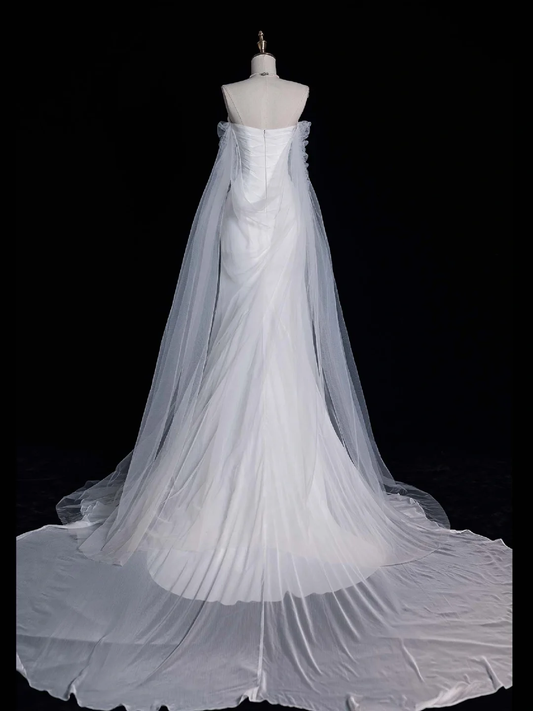 Simple A Line Long Sleeve Pleated Tulle Satin Wedding Dress Prom Dress SH4111
