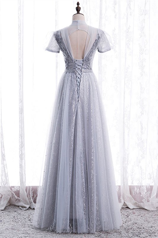 Tulle A-Line Short Sleeves Empire Maxi Party Prom Dress