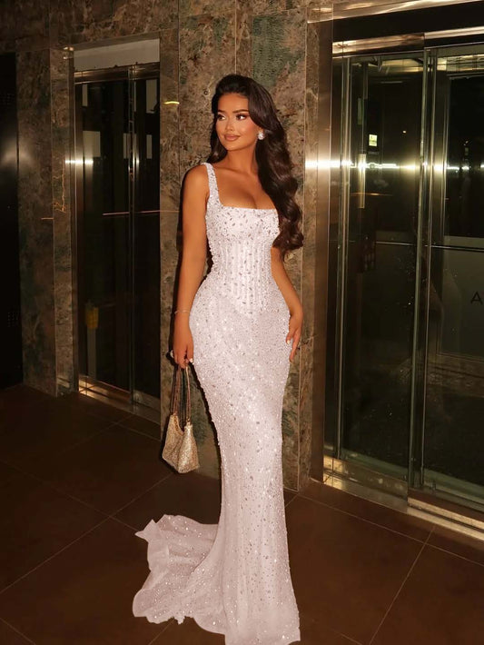 Lavish Square Sleeveless Wide Straps Beaded Mermaid Prom Dress