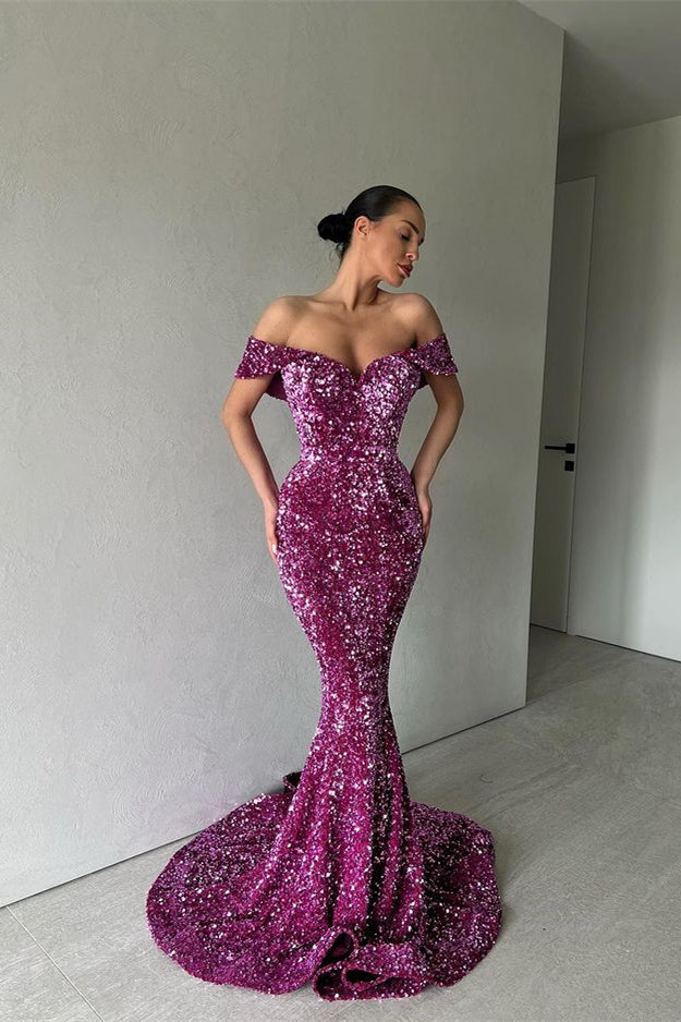 Purple Off-The-Shoulder Long Mermaid Evening Dress With Sequins