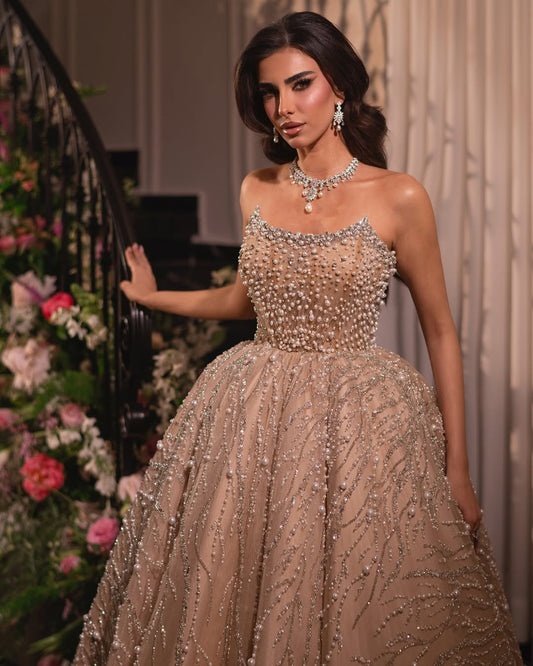 Sleeveless Strapless Square Beads A-Line Prom Dress With Pearl