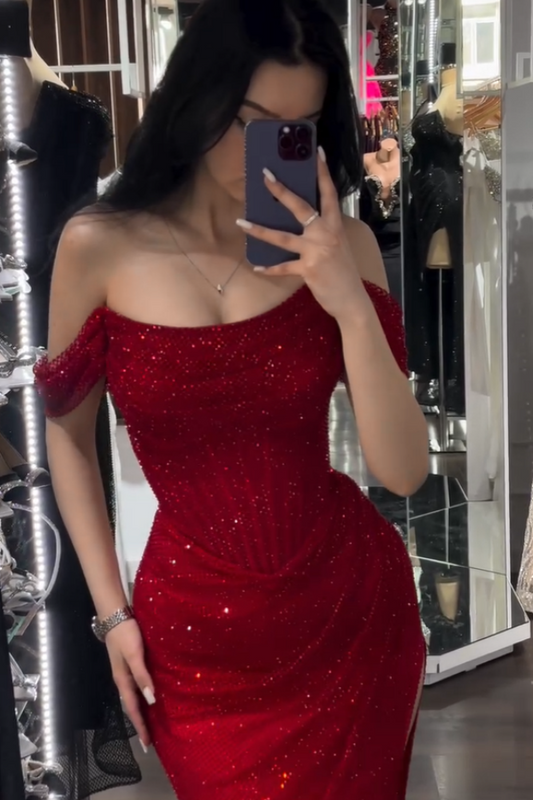 Charming Red Sparkling Off-The-Shoulder Slit Strapless Prom Dress