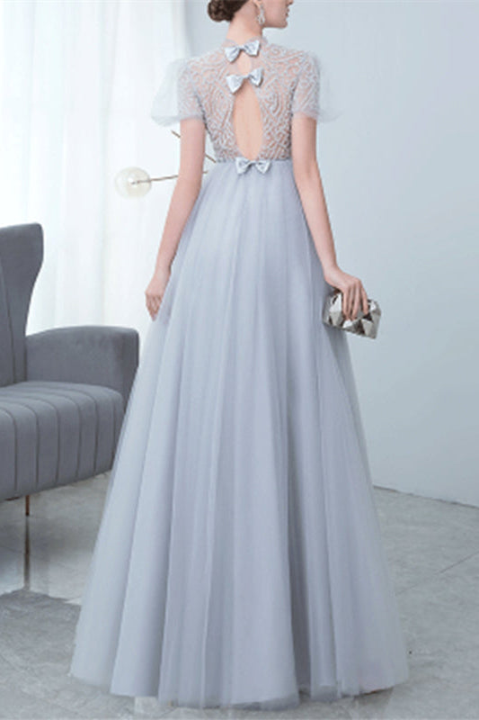 Grey Long Evening Dress Bowknot Tulle With High Collar Appliques