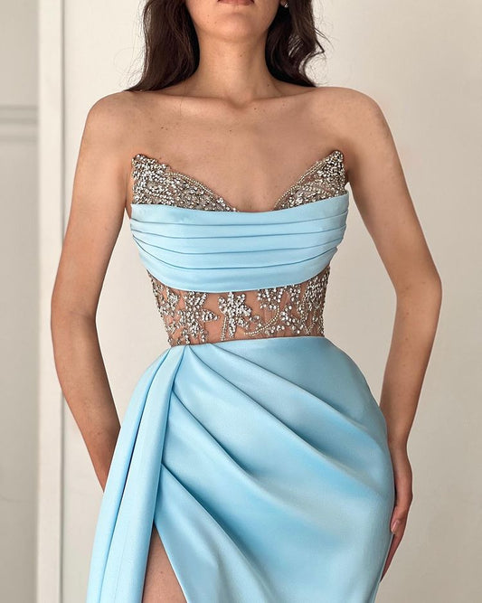 Modern Sky Blue Strapless Mermaid Prom Dress Slit With Beads