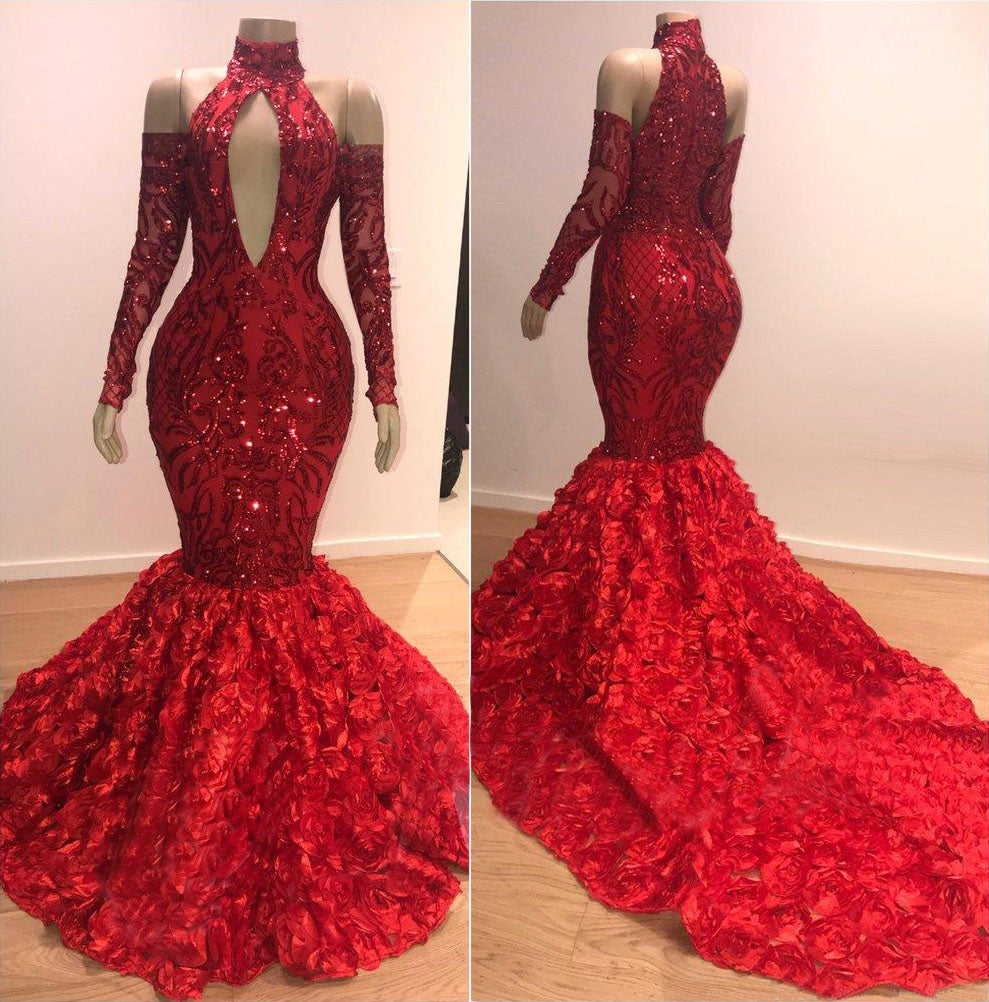 Long Sleeves High Collar Burgundy Prom Dress Mermaid Sequins