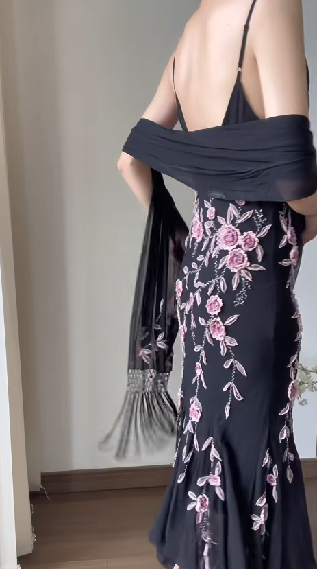 Chiffon Black Prom Party Dress With 3D Flowers Vintage Flora Evening Dress fg8698