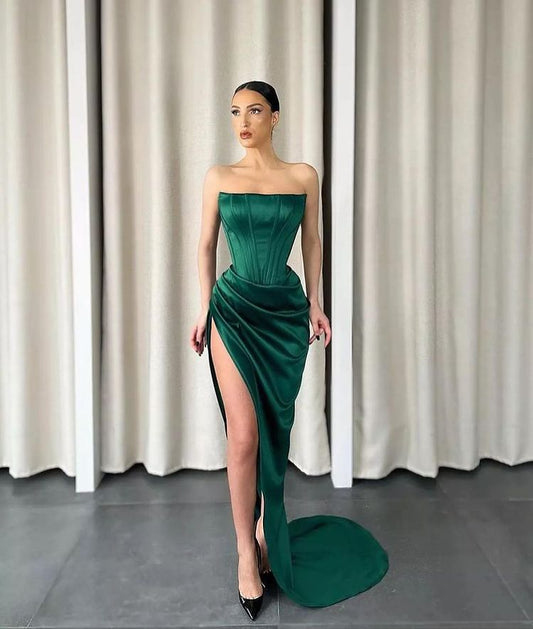 Dark Green Strapless Slit Sleeveless Long Mermaid Prom Dress