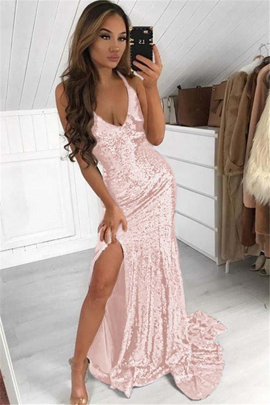 Dark Navy Sequins Prom Dress Modern V-Neck
