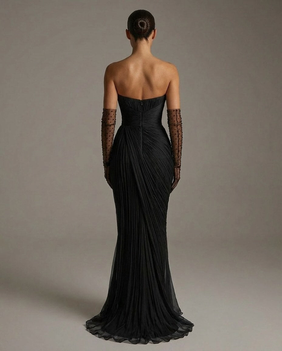 Elegant Black Sleeveless Mermaid Evening Dress With Gloves