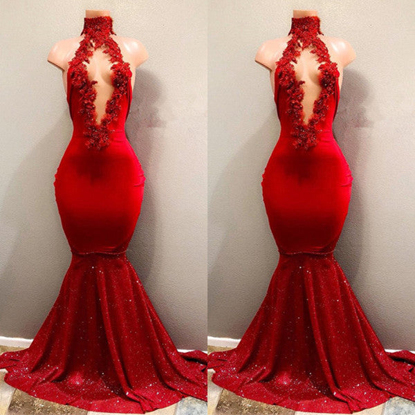 High Collar Red Mermaid Prom Dress Sequins