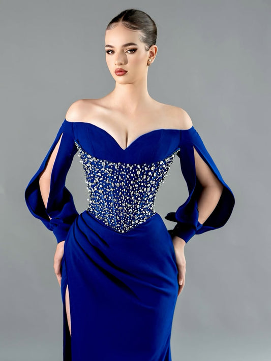 Royal Blue Long Sleeves Strapless V Neck Beads Long Prom Dress With Slit