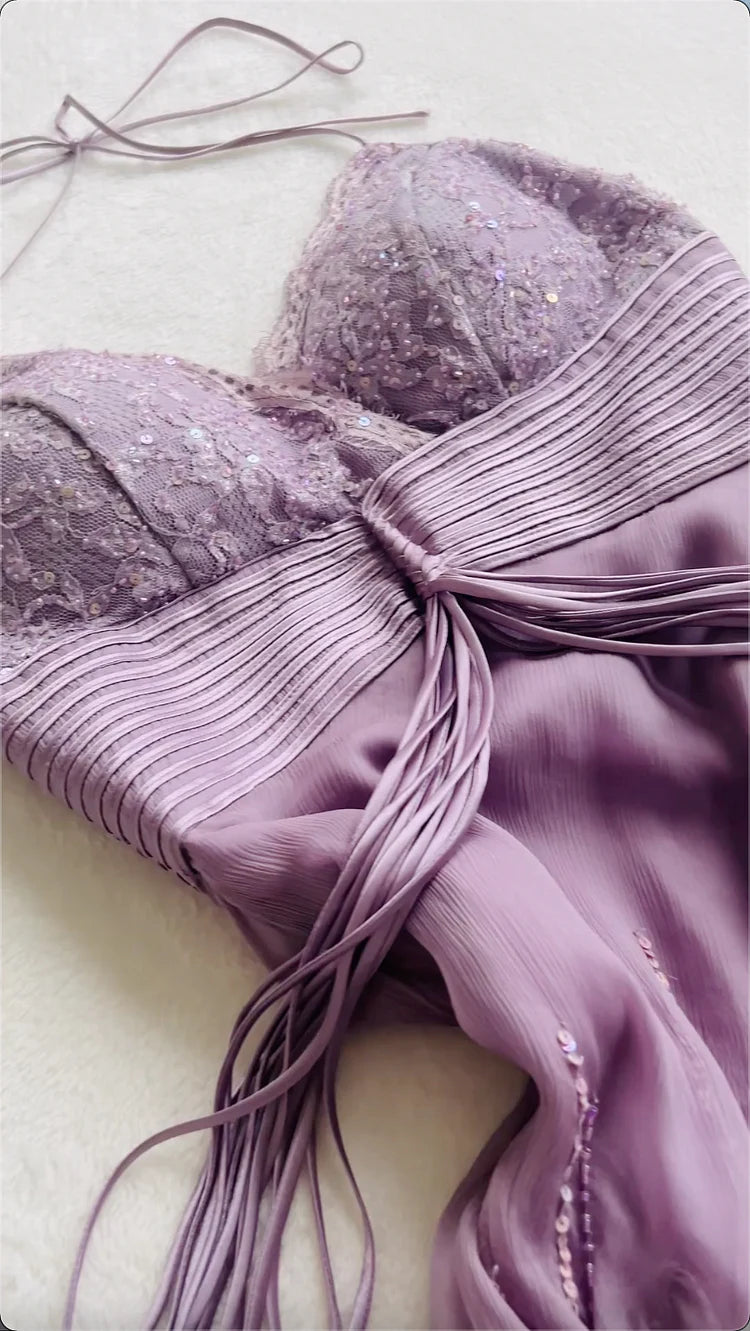 Lilac A Line Spaghetti Strap Beaded Sequin Chiffon Prom Dress Evening Dress SH2293