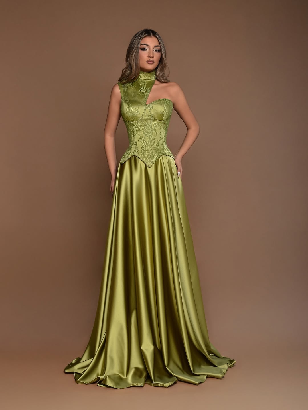 Sculpted Olive Satin Sleeveless A Line Prom Dress with Lace Detail