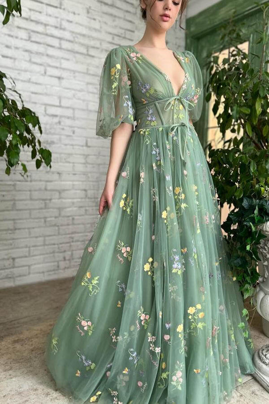 Aqua Beautiful Half Sleeves Deep V Neck Evening dress Tulle with Embroidery Flowers