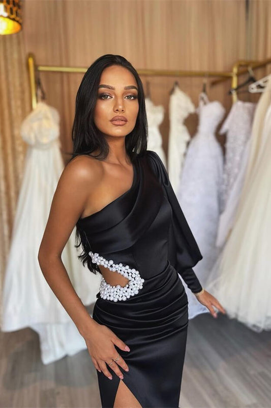Black Mermaid Prom Dress One Sleeves With Beaded