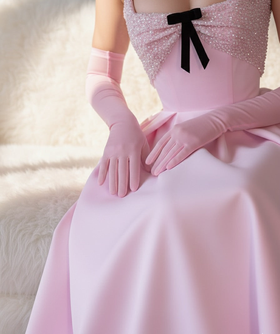Exquisite Sleeveless Strapless Square Sequins A Line Prom Dress With Long Gloves