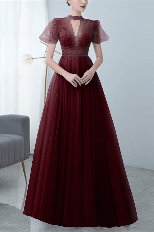 Grey Long Evening Dress Bowknot Tulle With High Collar Appliques
