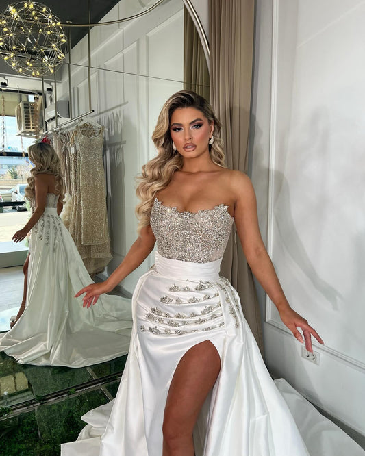 Crystal Elegant Beaded strapless Formal Sleeveless Strapless White Prom Dress