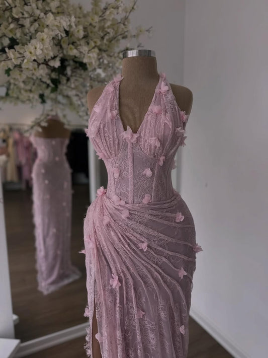 Elegant Sleeveless Halter Straps V-Neck Split Long Evening Dress With Appliques