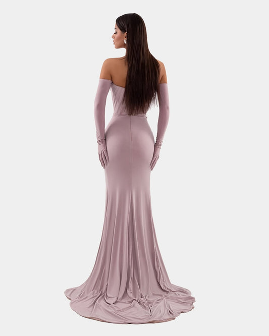 Gorgeous Wisteria Satin Beaded V Neck Split Slim Prom Dress with Gloves
