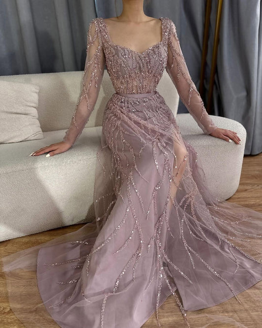 Gorgeous Long Sleeves V-Neck Beads Embroidery Mermaid Prom Dress