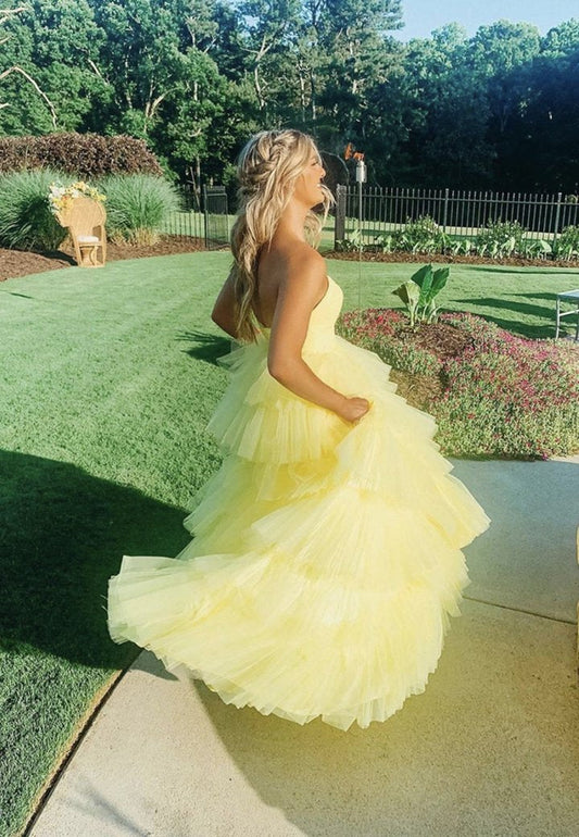 Yellow tulle long A line prom dress evening dress KS3940