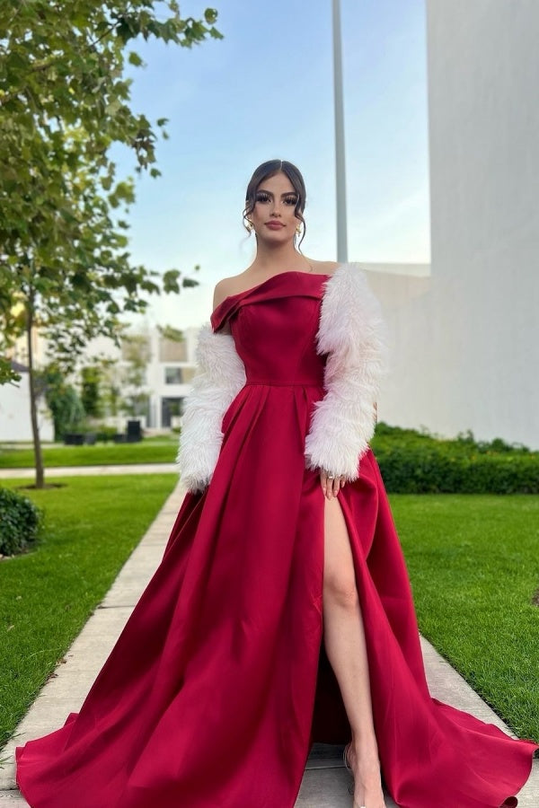 Burgundy Off-the-Shoulder A-Line Prom Dress Long Slit with Beaded Gloves