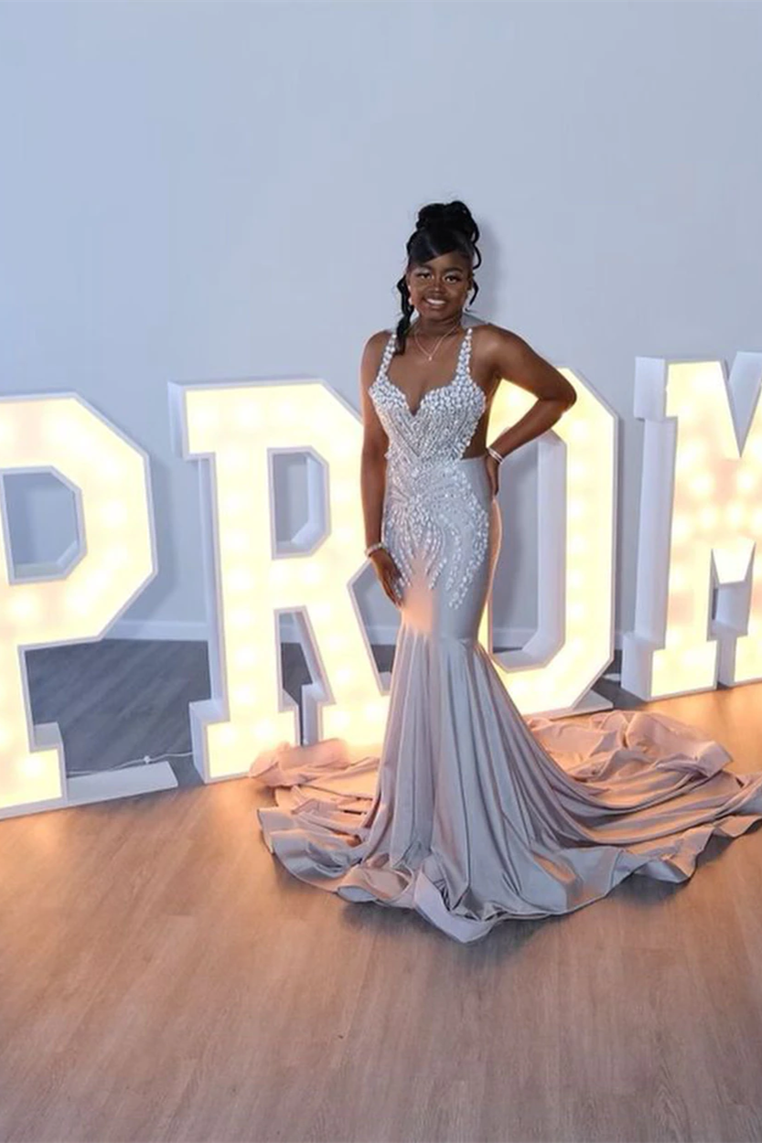 Sliver Spaghetti-Strap Sleeveless Mermaid Prom Dress Trumpet With Flower Appliques