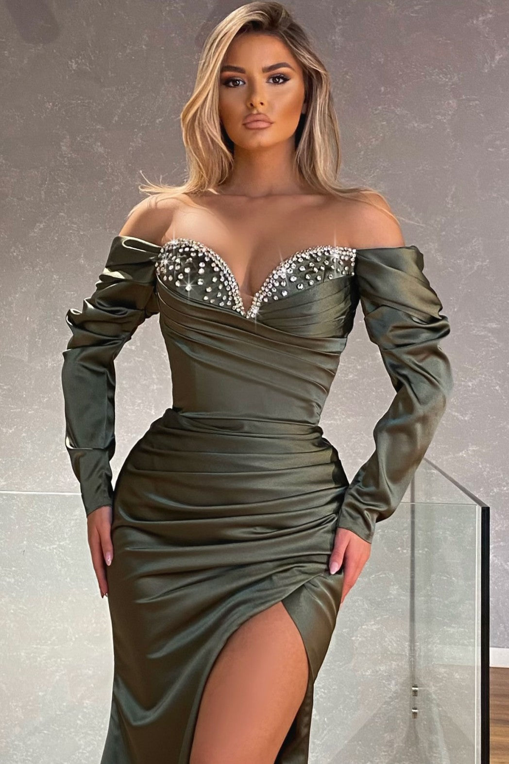 Sweetheart Long Sleeves Prom Dress Mermaid Beadings With Split