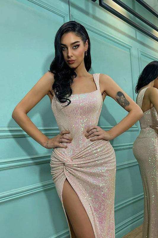 Elegant Shoulder Straps Mermaid Evening Dress Sequins With Slit
