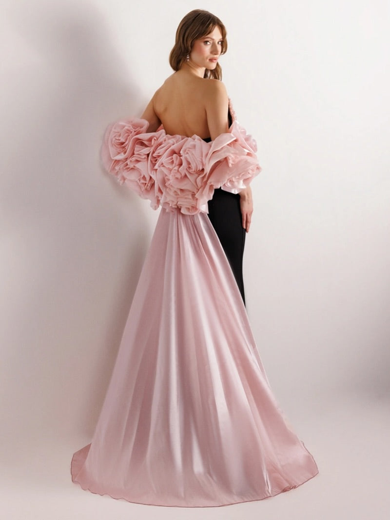 Charming Pink Black Beaded V Neck Slim Sleeveless Prom Dress with Train