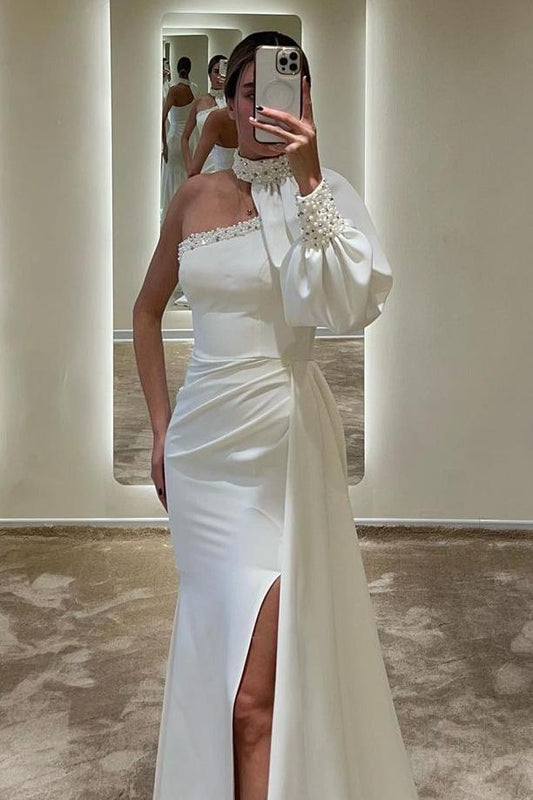 Chic White Satin Long Sleeves High Neck One Shoulder Long Split Prom Dress with Beadings