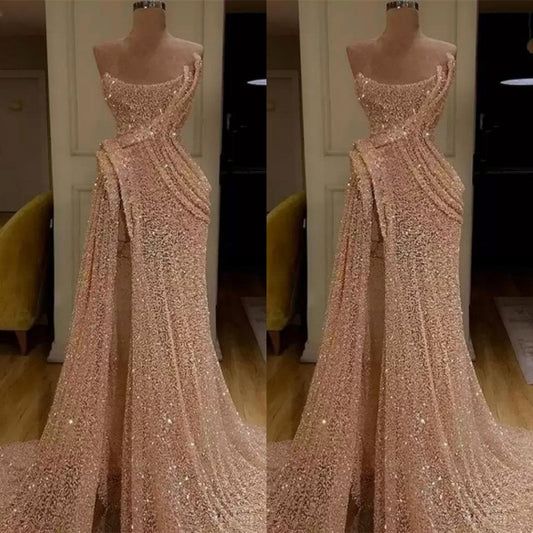 Mermaid Strapless Long Prom Dress Slit With Sequins