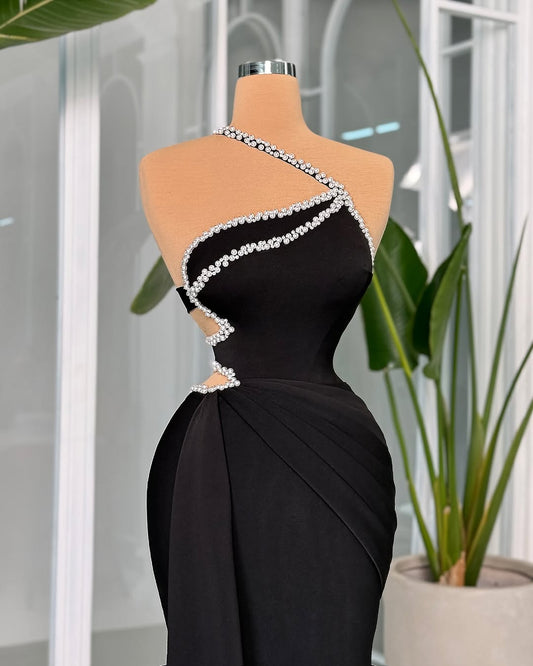 Black Sleeveless Halter Straps Mermaid Prom Dress With Beads