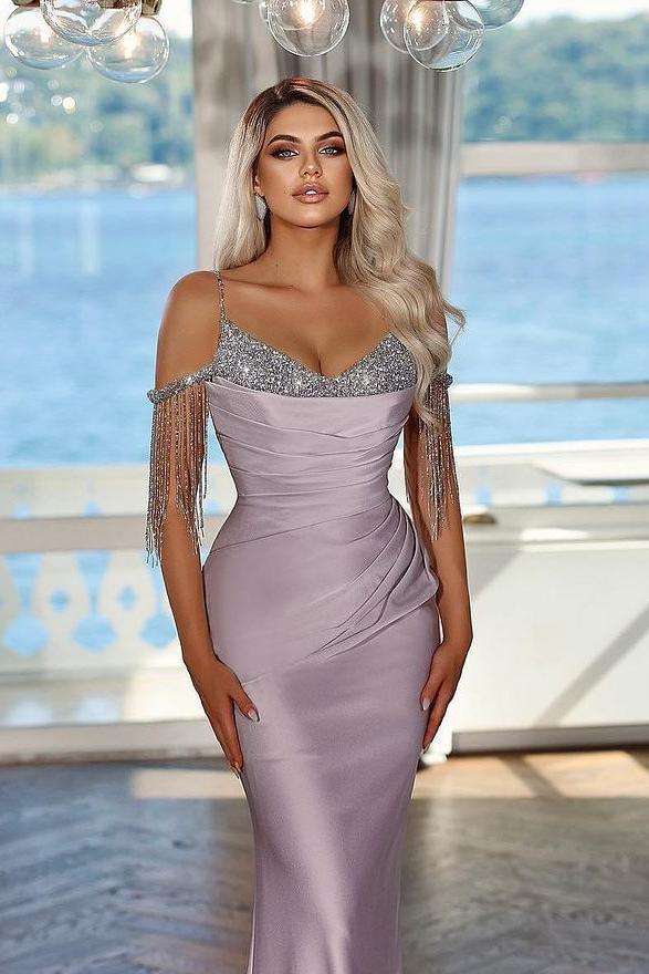 Glamorous Lilac Satin Off the Shoulder Spaghtti Strap Mermaid Prom Dress with Beadings