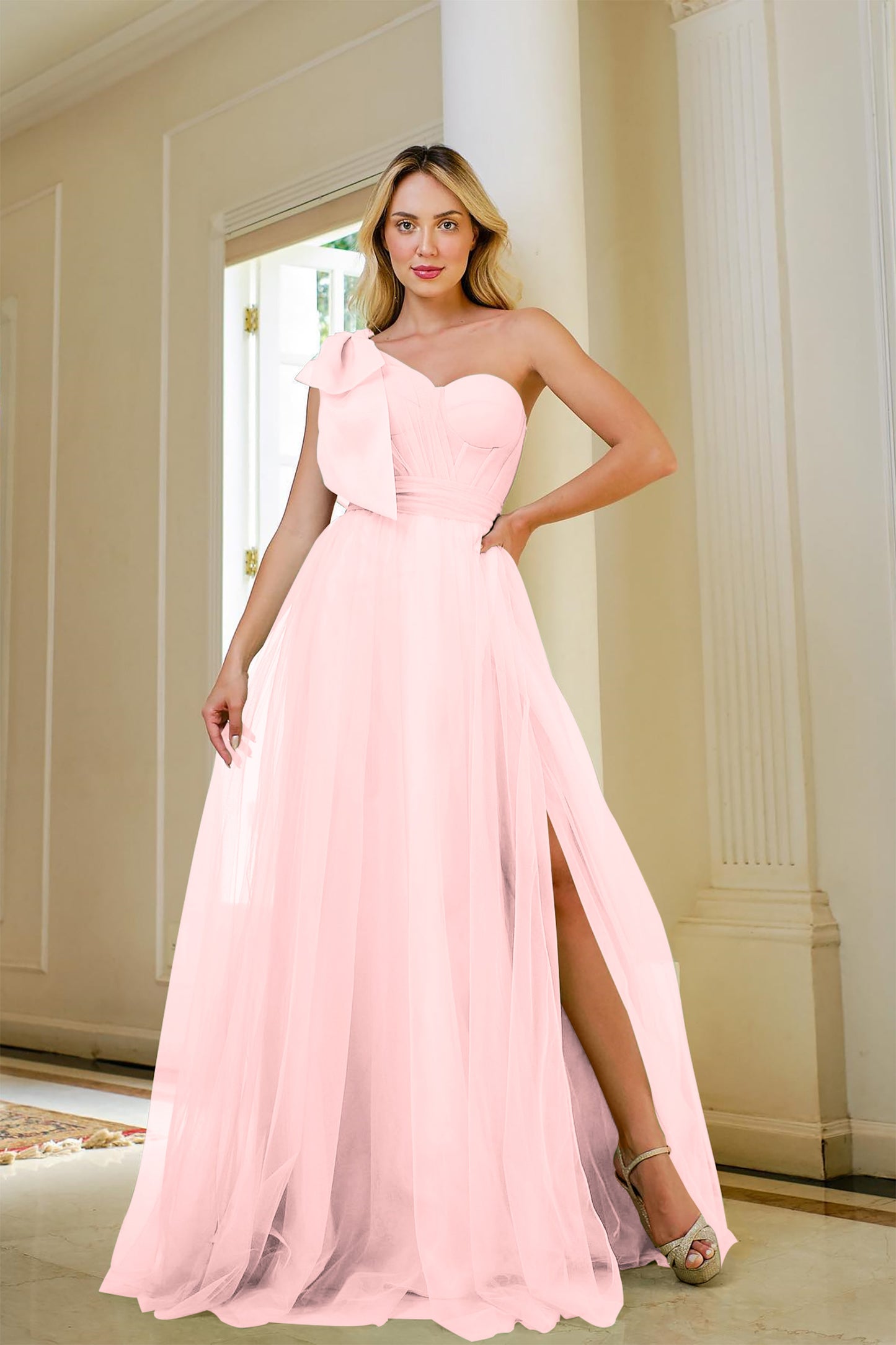 Sage Green One Shoulder Sweetheart Tulle Prom Dress With Slit