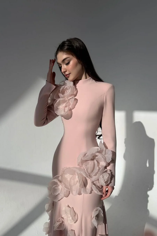Elegant Long Sleeves Long Evening Dress With Handmade Flower