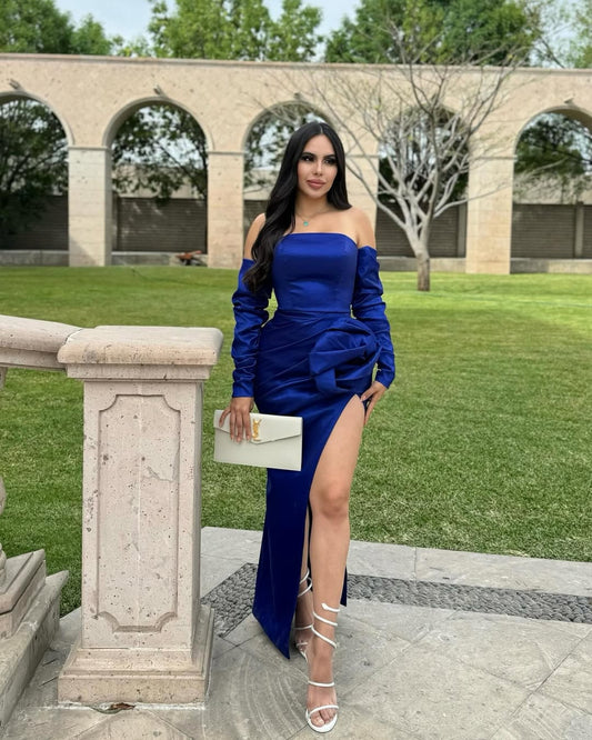 Baby Blue Long Sleeves Strapless Mermaid Pleated Prom Dress