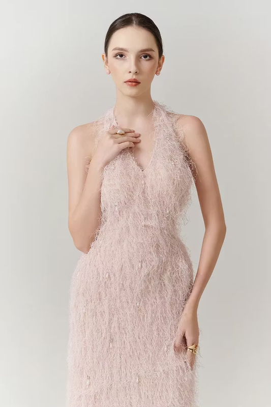 Sleeveless Halter Straps V-Neck Feathered Mermaid Evening Dress with Pearl Details