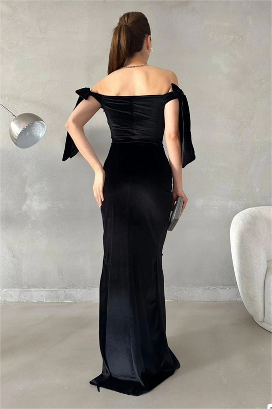 Simple Black Satin Off the Shoulder Sleeveless Long Evening Dress with Split