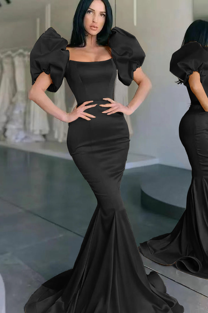 Yellow Square Bubble Sleeves Mermaid Long Prom Dress