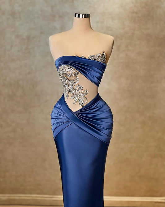 Sexy Sleeveless Strapless Beads Pleated Mermaid Prom Dress