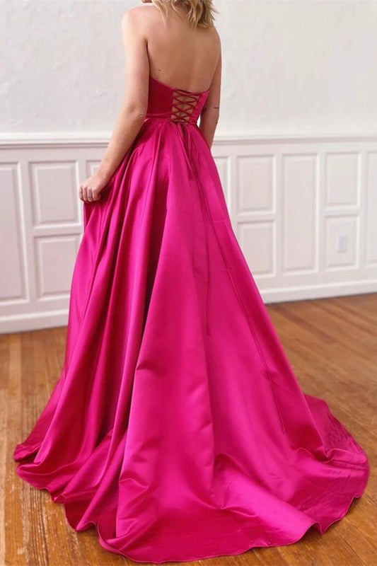 Fuchsia Strapless Prom Dress With Pockets Side Slit