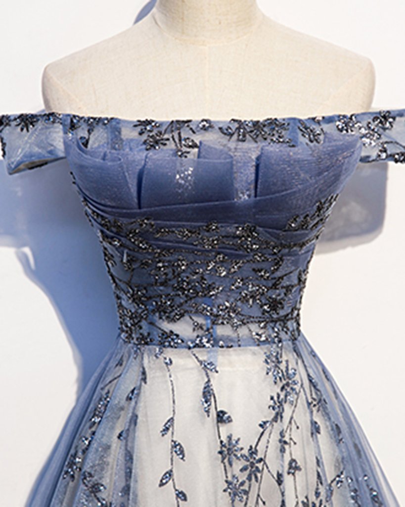 Stunning Blue Tulle Off Shoulder A Line Long Prom Dress, Evening Dress With Sleeve KS7424
