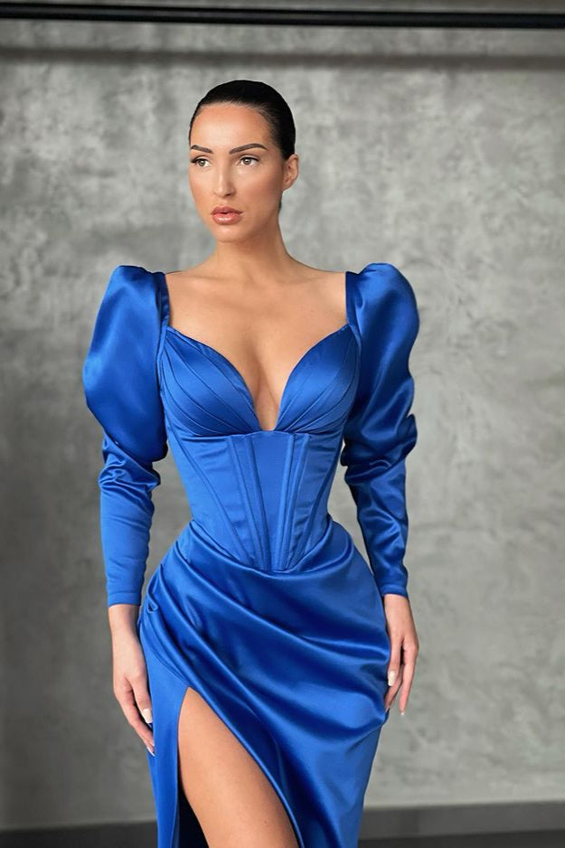 V-Neck Long Sleeves Mermaid Prom Dress With Slit