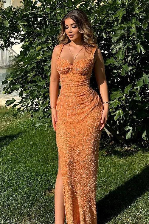 Shinning Bright Orange Sequins Sleeveless Spaghetti Strap Split Prom Dress with Pleated