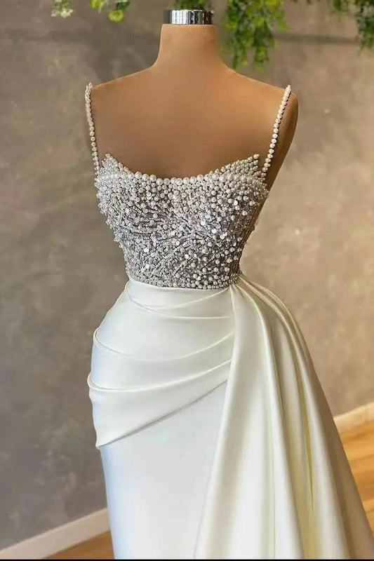 Gorgeous Spaghetti-Straps Pearl Mermaid Evening Dress With Sequins Pleated