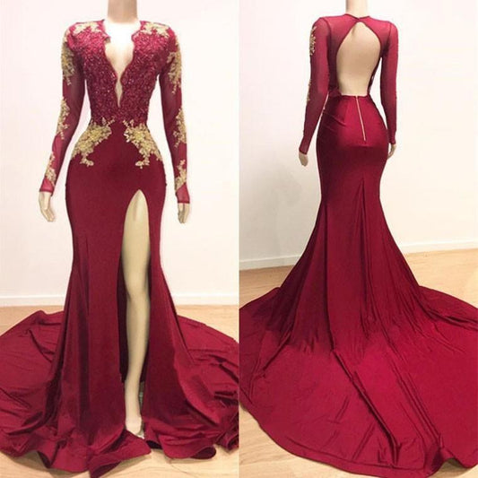 Long Sleeves Mermaid Elegant Evening Dresses With Lace Appliques